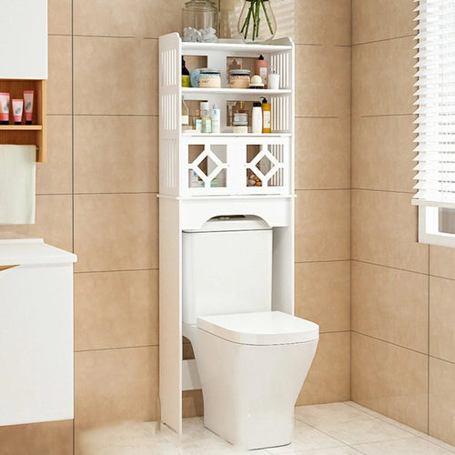 ZW0074-XM-A09 Bathroom Over Toilet Storage Rack Wood-Plastic Board Toiletries Cleaning Supplies Organizer Cabinet - 1