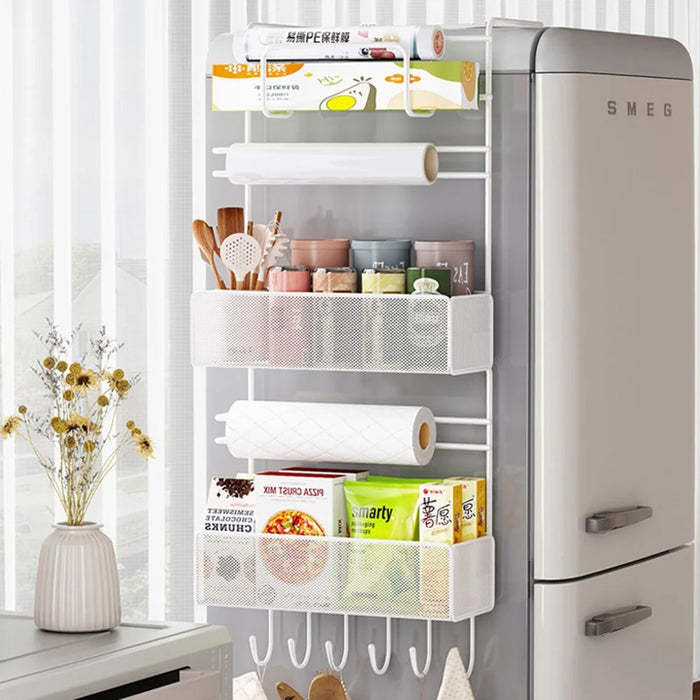 6 Tier Refrigerator Side Organizer Space Saving No Drilling Carbon Steel Kitchen Storage Rack - White - 5