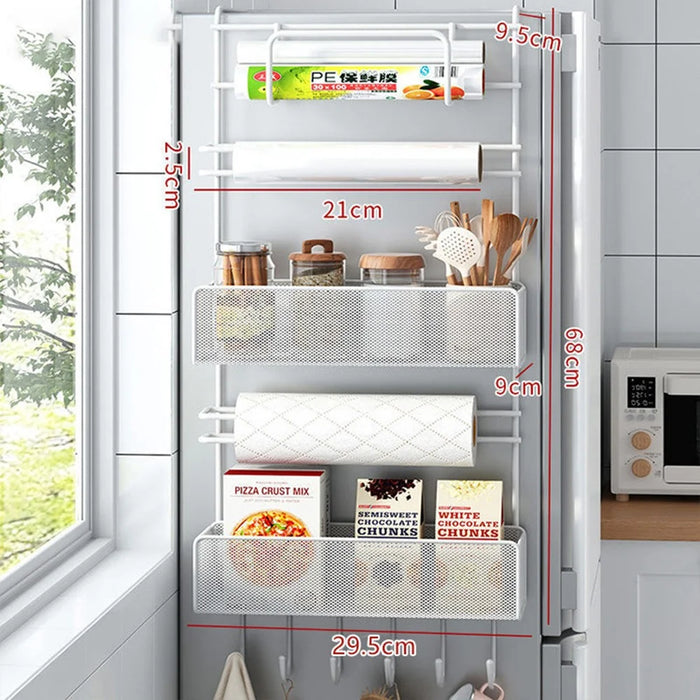6 Tier Refrigerator Side Organizer Space Saving No Drilling Carbon Steel Kitchen Storage Rack - White - 6