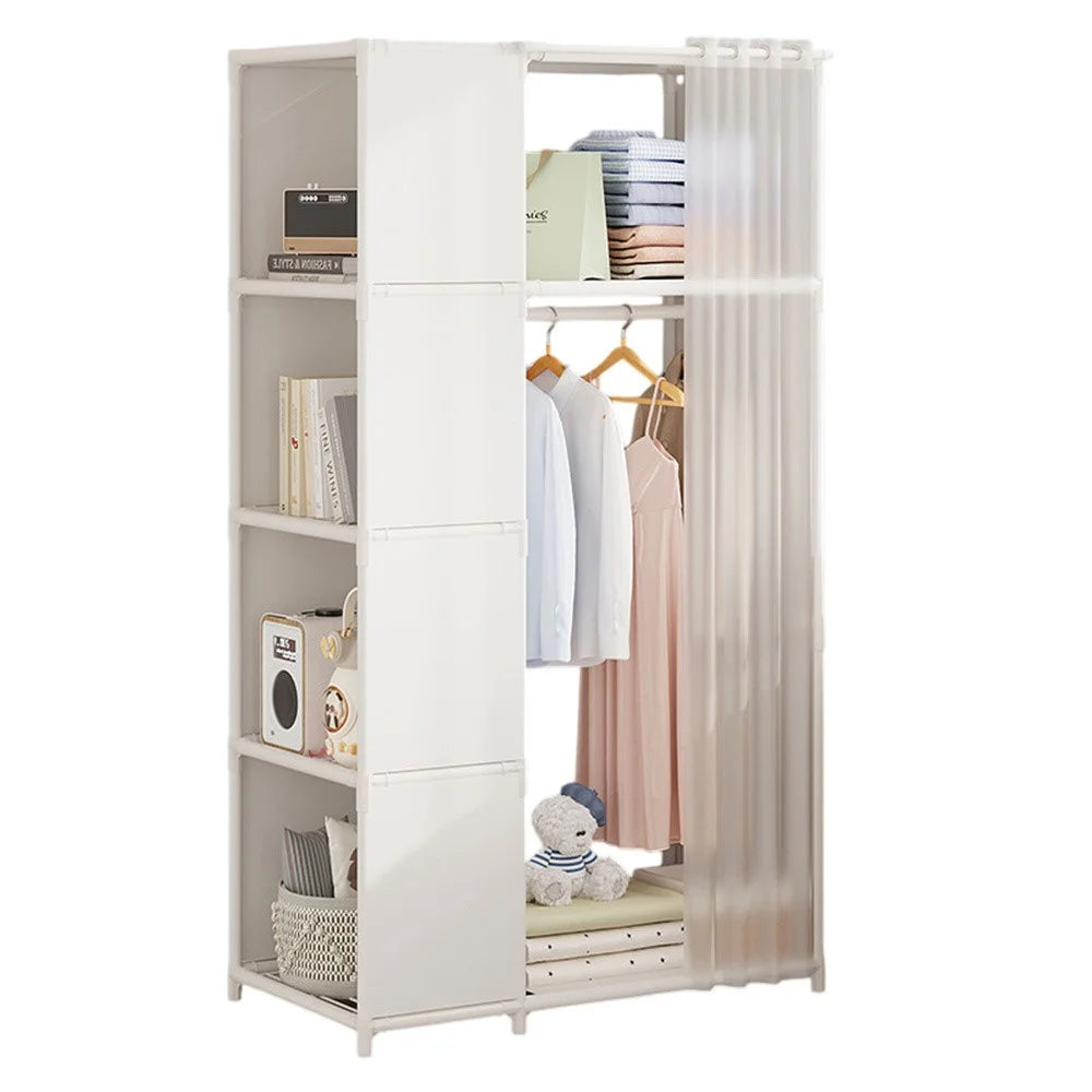Steel Pipe + Non-woven Fabric Simple Wardrobe Clothes Storage Closet with Dustproof Curtain, Size M - White - 1