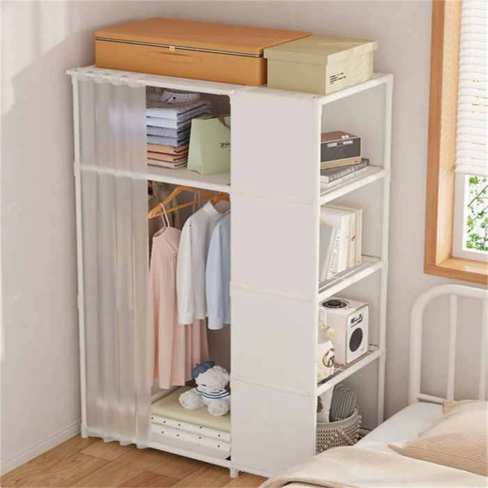 Steel Pipe + Non-woven Fabric Simple Wardrobe Clothes Storage Closet with Dustproof Curtain, Size M - White - 5