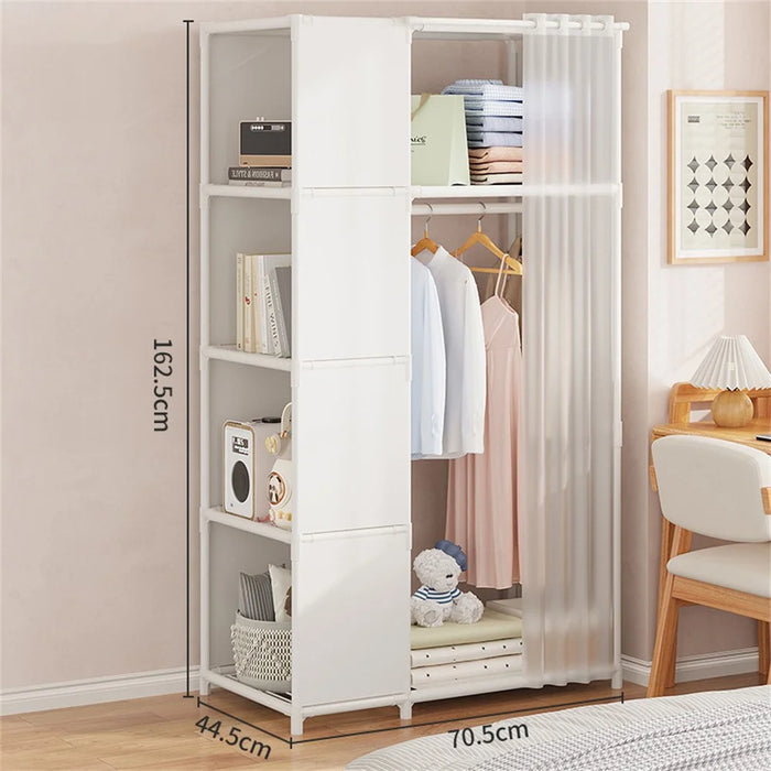 Steel Pipe + Non-woven Fabric Simple Wardrobe Clothes Storage Closet with Dustproof Curtain, Size M - White - 7