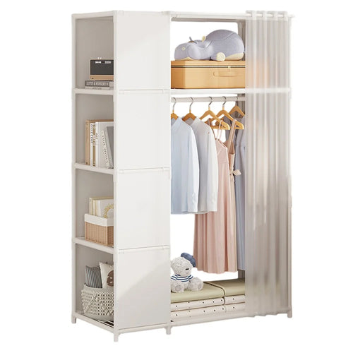 Steel Pipe + Non-woven Fabric Simple Wardrobe Clothes Storage Closet with Dustproof Curtain, Size L - White - 1