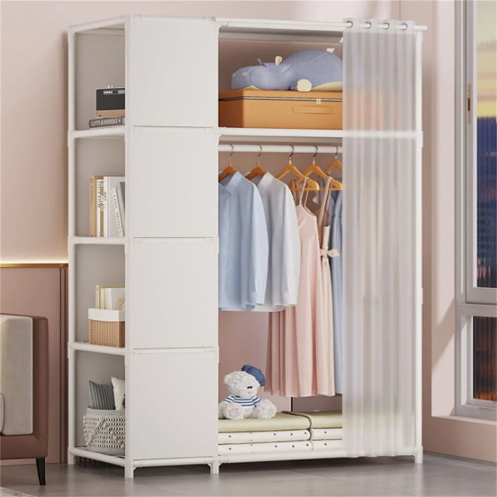 Steel Pipe + Non-woven Fabric Simple Wardrobe Clothes Storage Closet with Dustproof Curtain, Size L - White - 2