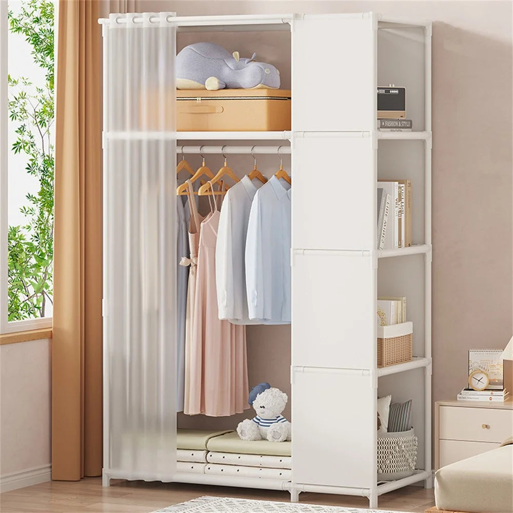 Steel Pipe + Non-woven Fabric Simple Wardrobe Clothes Storage Closet with Dustproof Curtain, Size L - White - 5