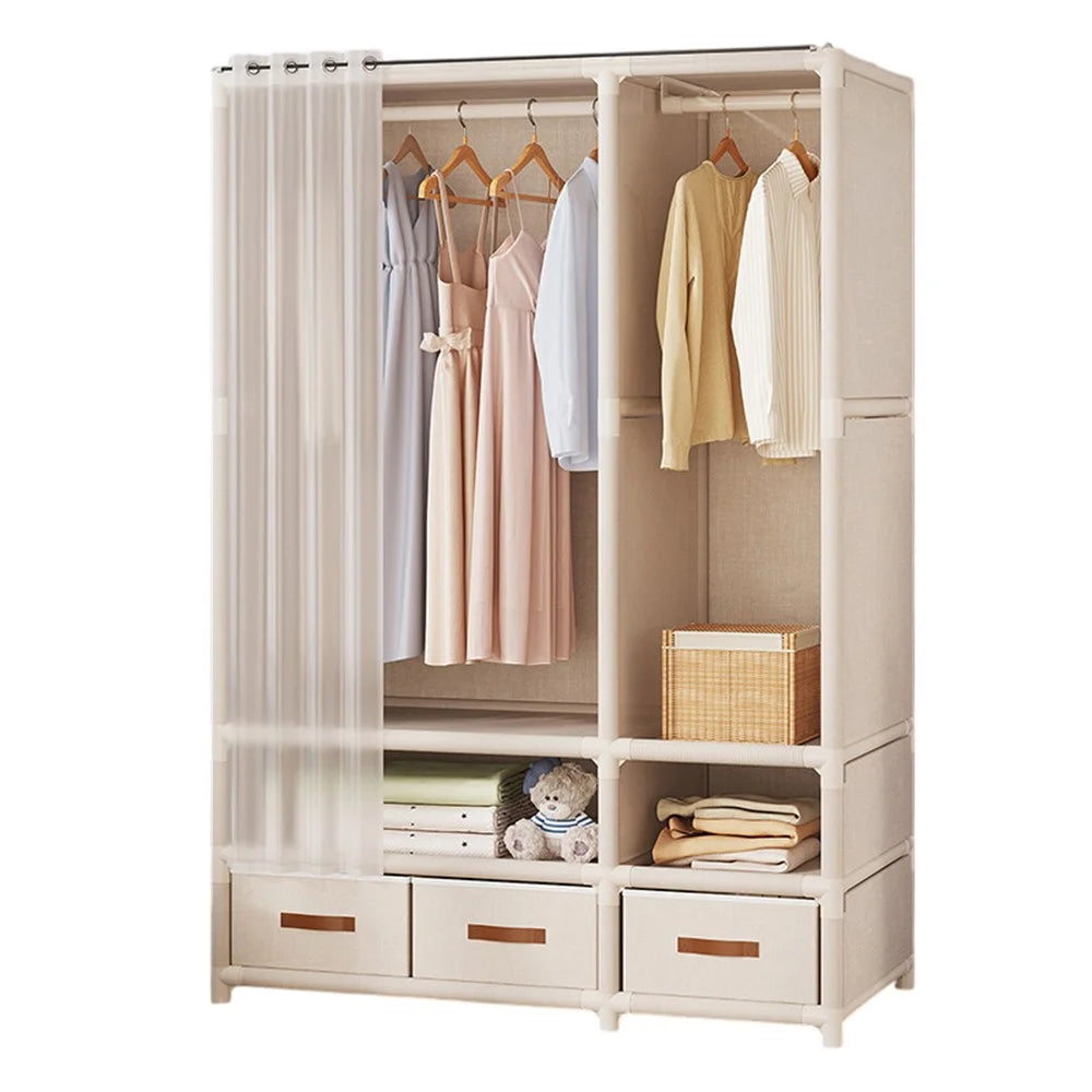 109 x 45 x 166.5 cm Assembly Dustproof Curtain Double Row Wardrobe Clothes Storage Organizer with 3 Drawers - White - 1