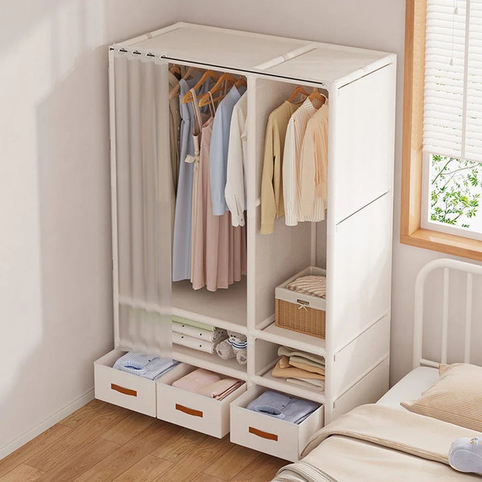 109 x 45 x 166.5 cm Assembly Dustproof Curtain Double Row Wardrobe Clothes Storage Organizer with 3 Drawers - White - 4