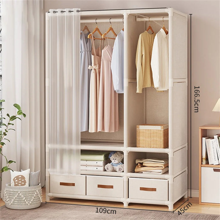 109 x 45 x 166.5 cm Assembly Dustproof Curtain Double Row Wardrobe Clothes Storage Organizer with 3 Drawers - White - 6