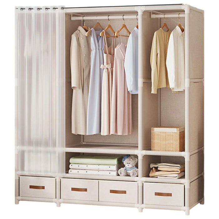 144 x 45 x 166.5cm Dustproof Wardrobe Storage Closet Assembly Clothes Organizer Rack, 3 Rows 4 Drawers - White - 1