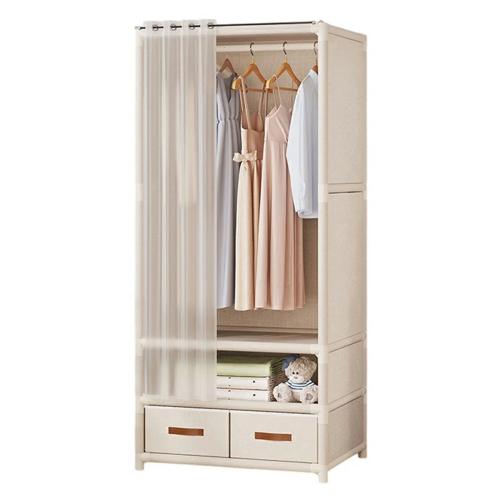 71 x 45 x 166.5cm Assembly Dustproof Wardrobe Storage Closet Organizer Rack, Single Row Two Drawers - White - 1