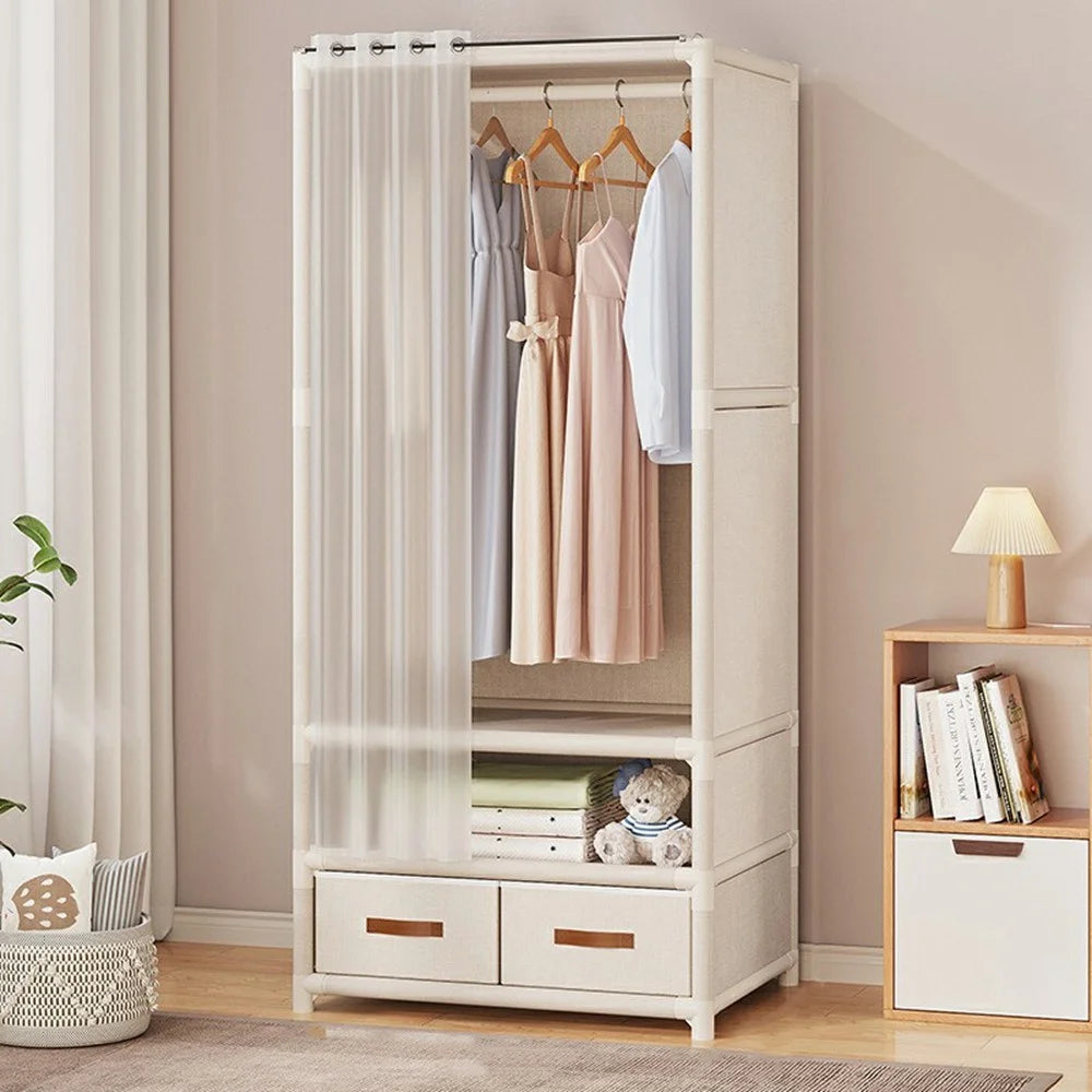 71 x 45 x 166.5cm Assembly Dustproof Wardrobe Storage Closet Organizer Rack, Single Row Two Drawers - White - 2