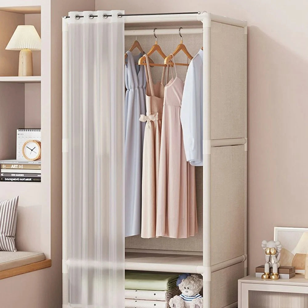 71 x 45 x 166.5cm Assembly Dustproof Wardrobe Storage Closet Organizer Rack, Single Row Two Drawers - White - 4