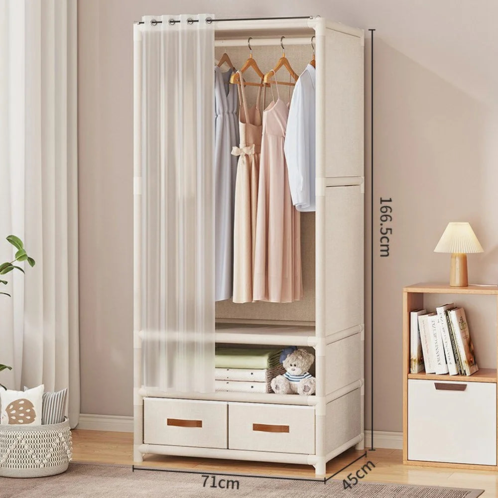 71 x 45 x 166.5cm Assembly Dustproof Wardrobe Storage Closet Organizer Rack, Single Row Two Drawers - White - 7
