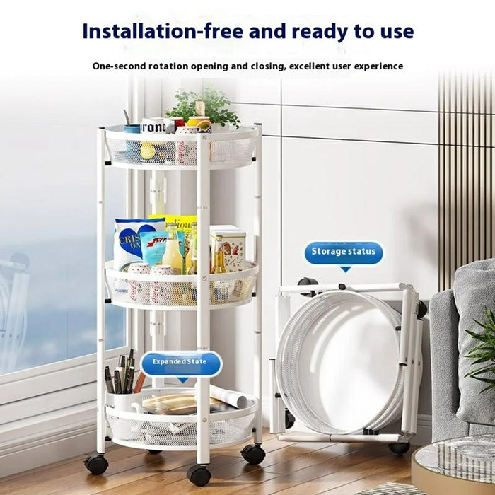 Folding Multi-Function Storage Cart Kitchen Organizer Stand 3-Tier Fruit Vegetable Basket Snack Rack - White - 3