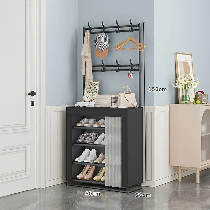 60 x 26 x 150cm 5 Tiers Storage Shelf Multipurpose Shoe Rack with Dust Cover Clothes Hanger for Entryway - 2