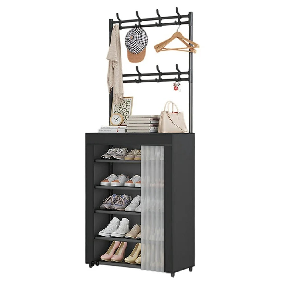 60 x 26 x 167cm 6 Tiers Storage Shelf Multipurpose Shoe Rack with Dust Cover Clothes Hanger for Entryway - Black - 1