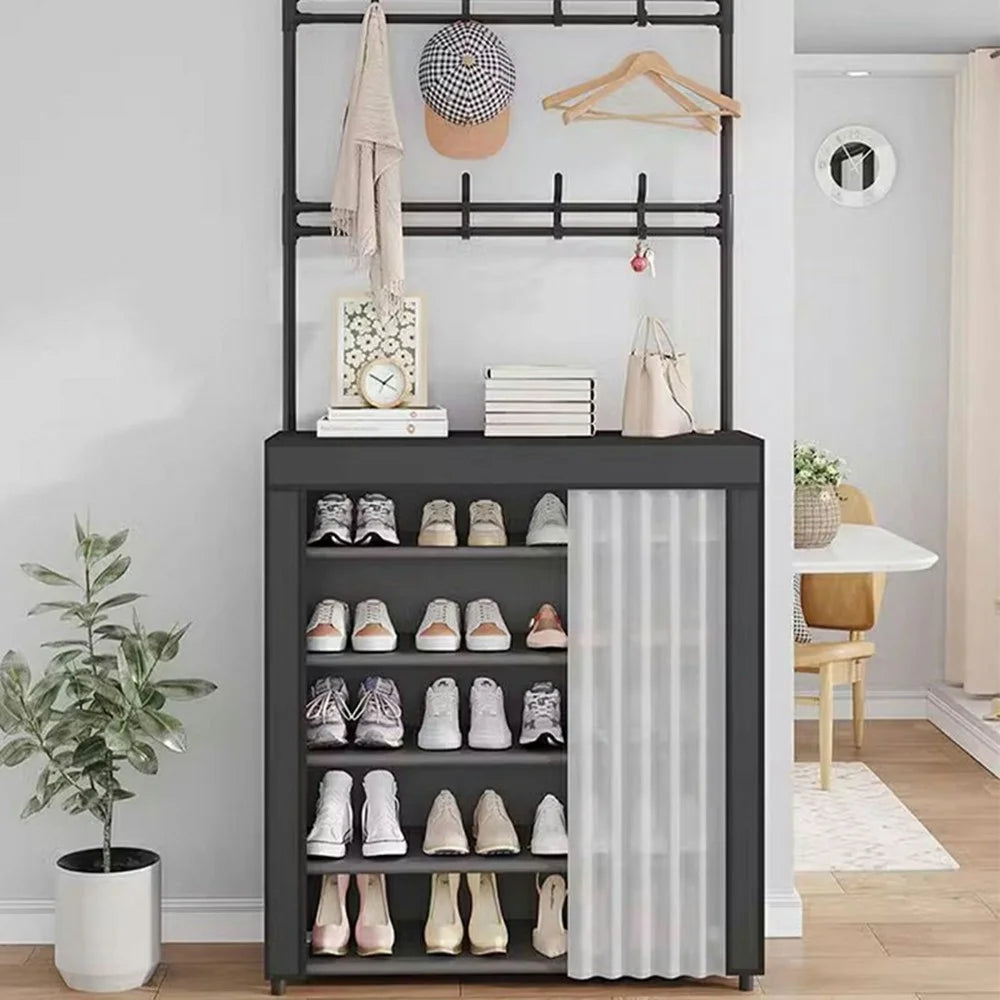60 x 26 x 167cm 6 Tiers Storage Shelf Multipurpose Shoe Rack with Dust Cover Clothes Hanger for Entryway - Black - 2