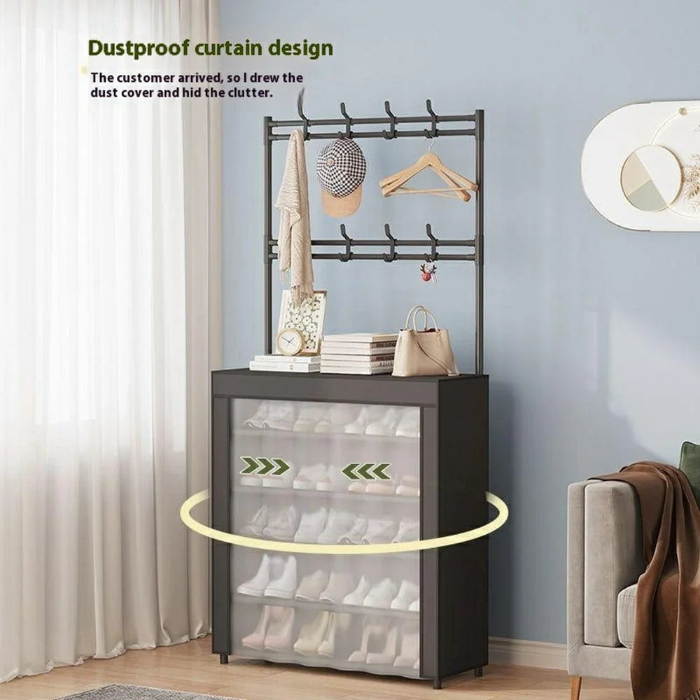 60 x 26 x 167cm 6 Tiers Storage Shelf Multipurpose Shoe Rack with Dust Cover Clothes Hanger for Entryway - Black - 3