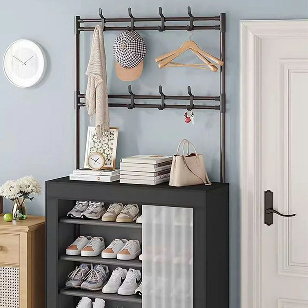60 x 26 x 167cm 6 Tiers Storage Shelf Multipurpose Shoe Rack with Dust Cover Clothes Hanger for Entryway - Black - 5