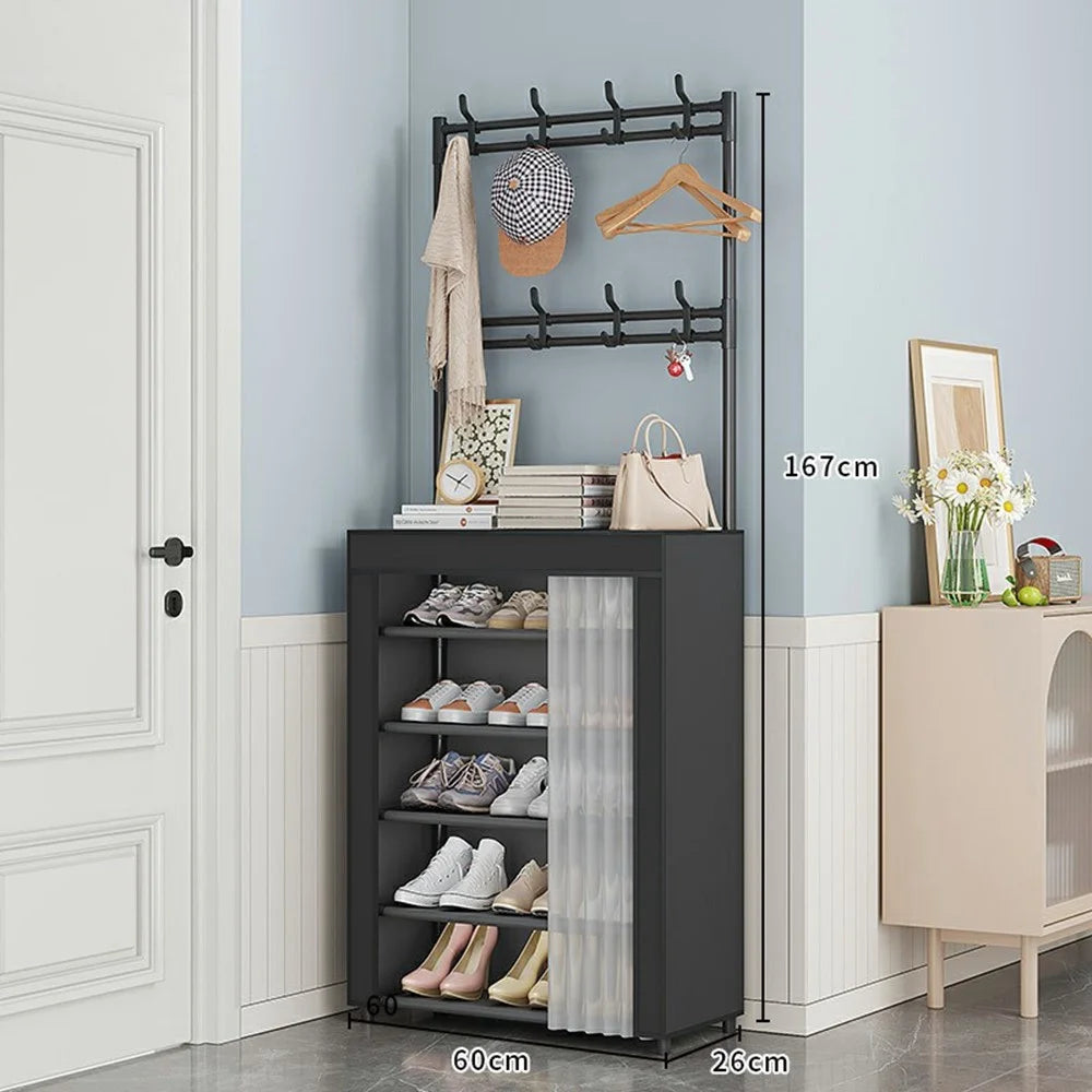 60 x 26 x 167cm 6 Tiers Storage Shelf Multipurpose Shoe Rack with Dust Cover Clothes Hanger for Entryway - Black - 6