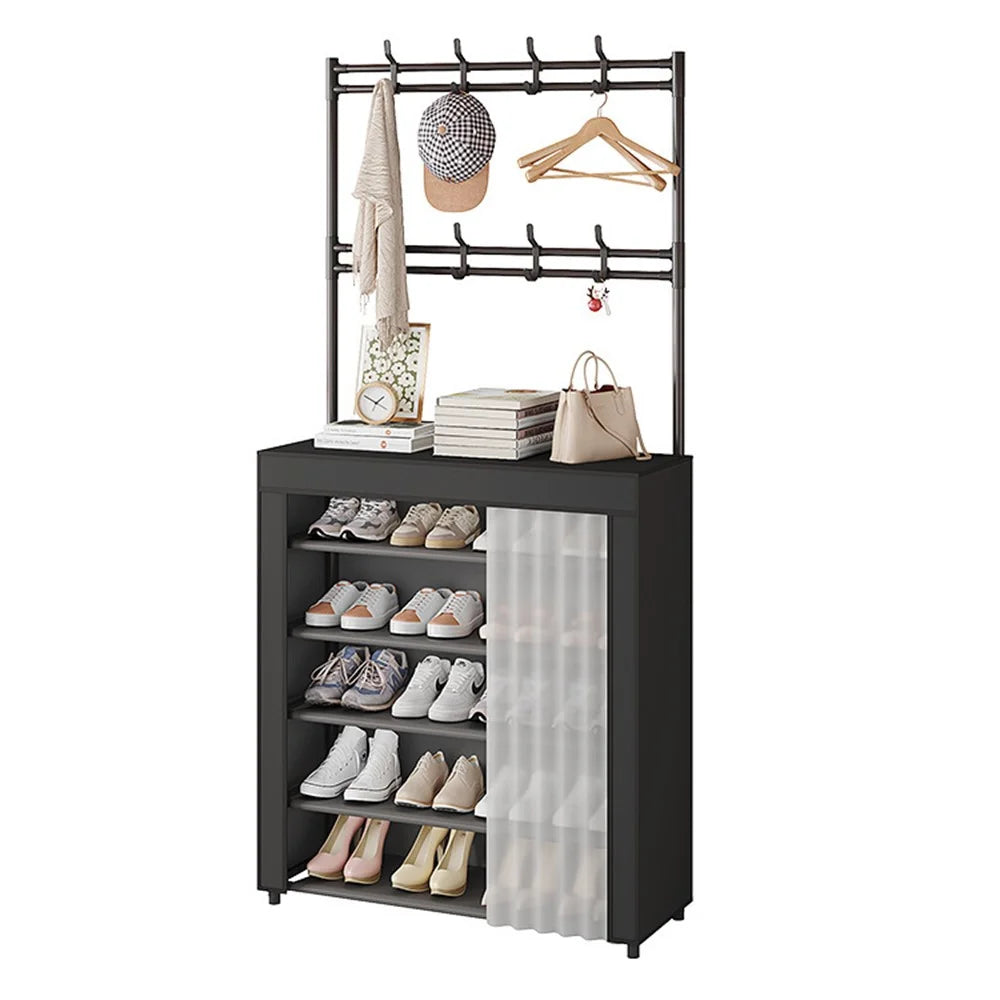 80 x 26 x 167cm 6 Tiers Storage Shelf Multipurpose Shoe Rack with Dust Cover Clothes Hanger for Entryway - Black - 1