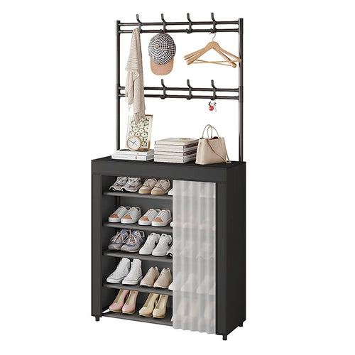 80 x 26 x 167cm 6 Tiers Storage Shelf Multipurpose Shoe Rack with Dust Cover Clothes Hanger for Entryway - Black - 1