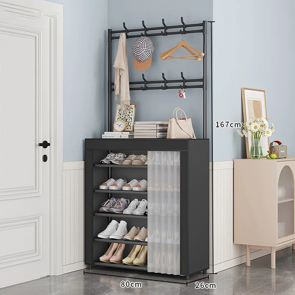 80 x 26 x 167cm 6 Tiers Storage Shelf Multipurpose Shoe Rack with Dust Cover Clothes Hanger for Entryway - Black - 2