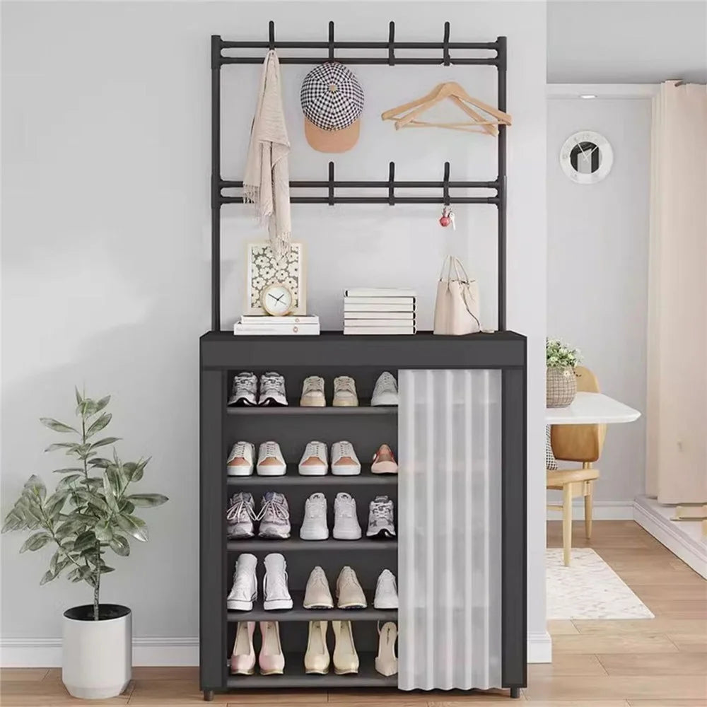 80 x 26 x 167cm 6 Tiers Storage Shelf Multipurpose Shoe Rack with Dust Cover Clothes Hanger for Entryway - Black - 3