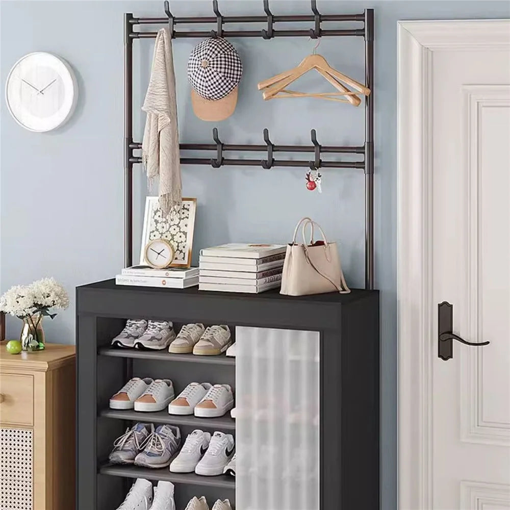 80 x 26 x 167cm 6 Tiers Storage Shelf Multipurpose Shoe Rack with Dust Cover Clothes Hanger for Entryway - Black - 5