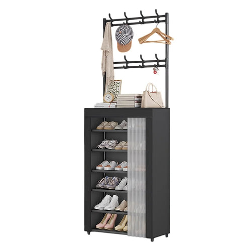 60 x 26 x 184cm 7 Tiers Storage Shelf Multipurpose Shoe Rack with Dust Cover Clothes Hanger for Entryway - Black - 1