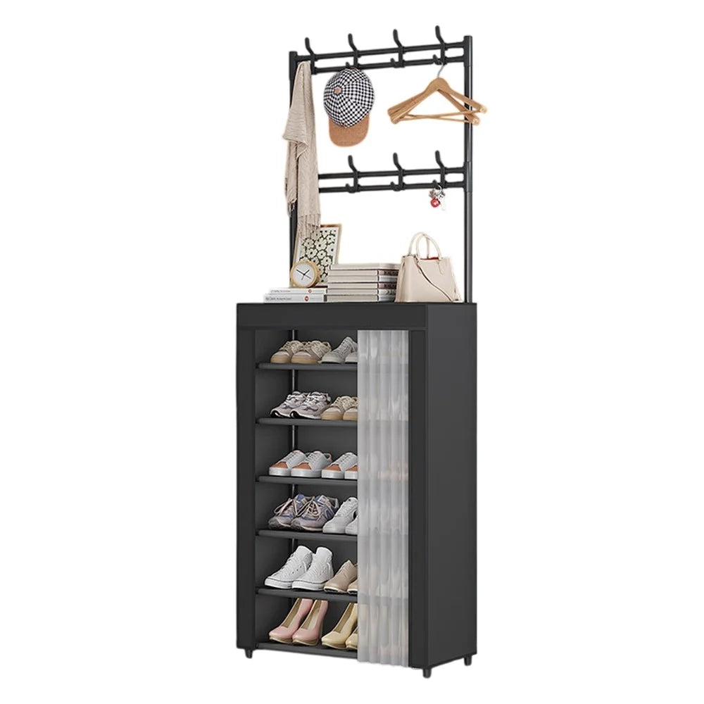 60 x 26 x 184cm 7 Tiers Storage Shelf Multipurpose Shoe Rack with Dust Cover Clothes Hanger for Entryway - Black - 1