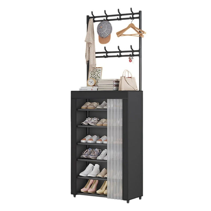 60 x 26 x 184cm 7 Tiers Storage Shelf Multipurpose Shoe Rack with Dust Cover Clothes Hanger for Entryway - Black - 1