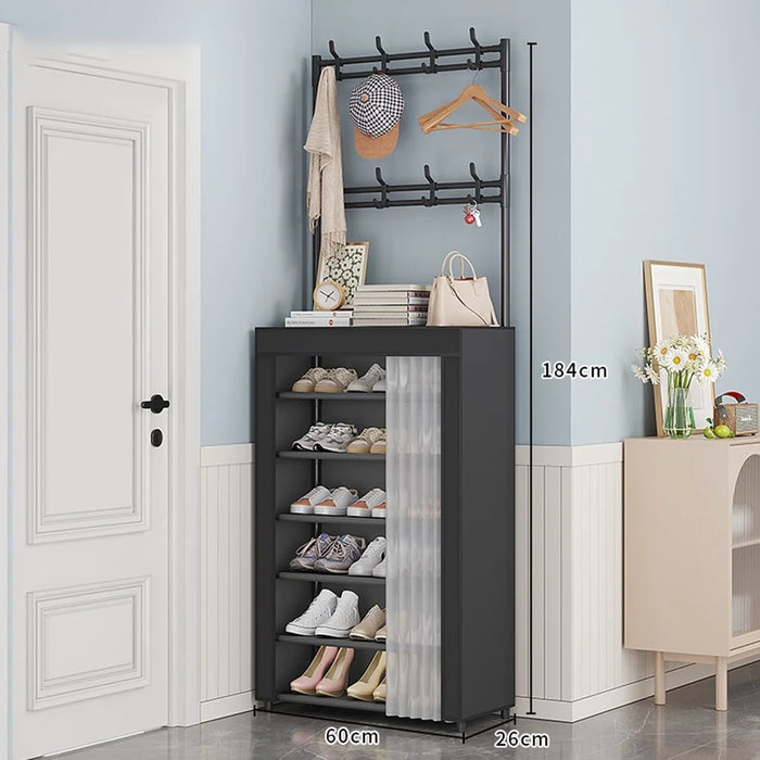 60 x 26 x 184cm 7 Tiers Storage Shelf Multipurpose Shoe Rack with Dust Cover Clothes Hanger for Entryway - Black - 2