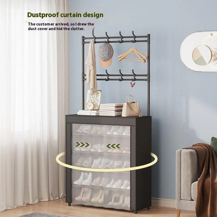 60 x 26 x 184cm 7 Tiers Storage Shelf Multipurpose Shoe Rack with Dust Cover Clothes Hanger for Entryway - Black - 3