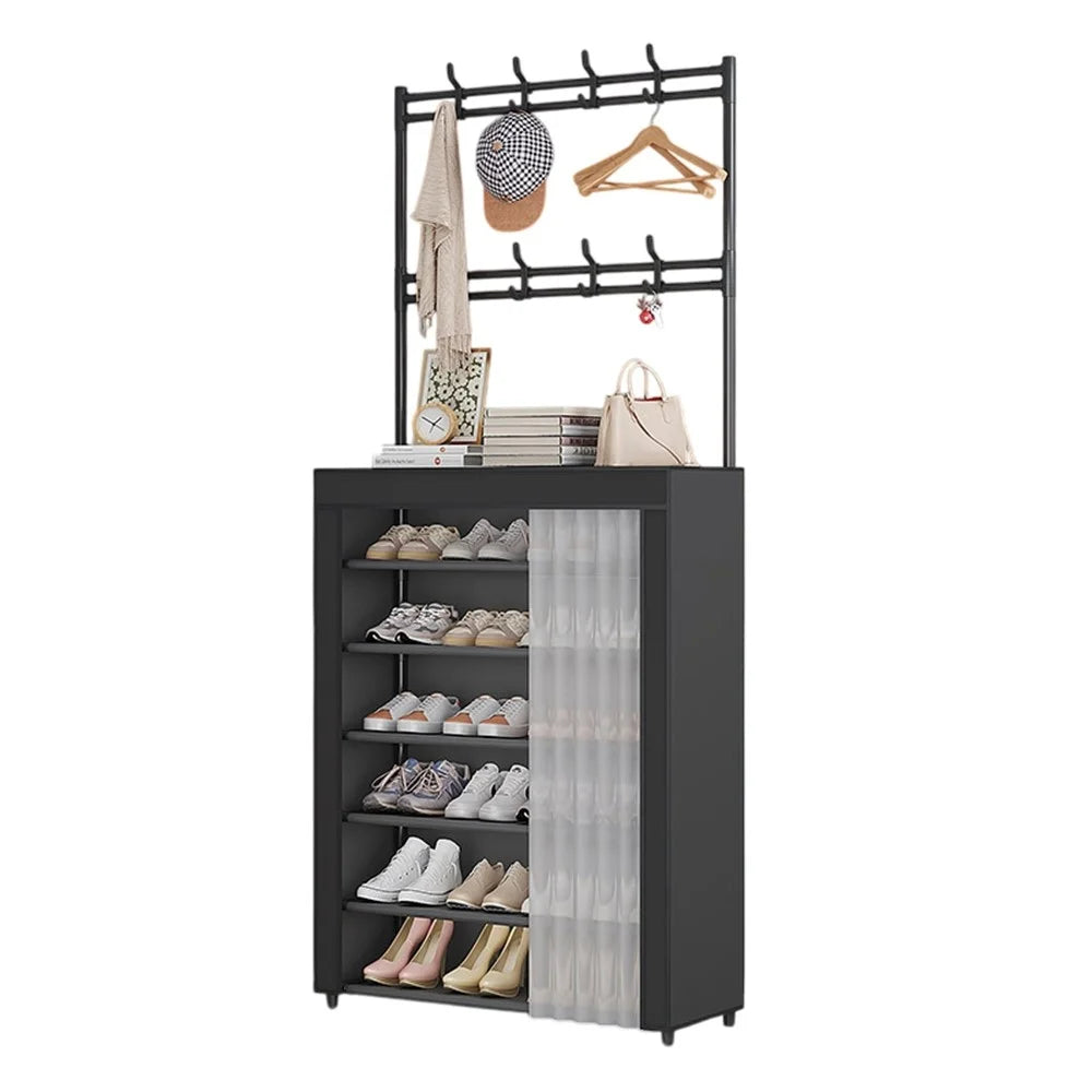 80 x 26 x 184cm 7 Tiers Storage Shelf Multipurpose Shoe Rack with Dust Cover Clothes Hanger for Entryway - Black - 1