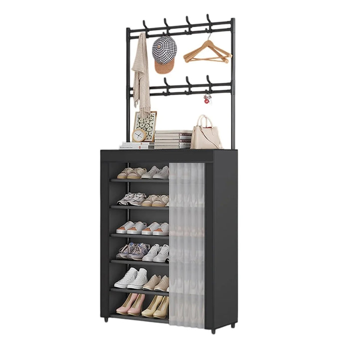 80 x 26 x 184cm 7 Tiers Storage Shelf Multipurpose Shoe Rack with Dust Cover Clothes Hanger for Entryway - Black - 1