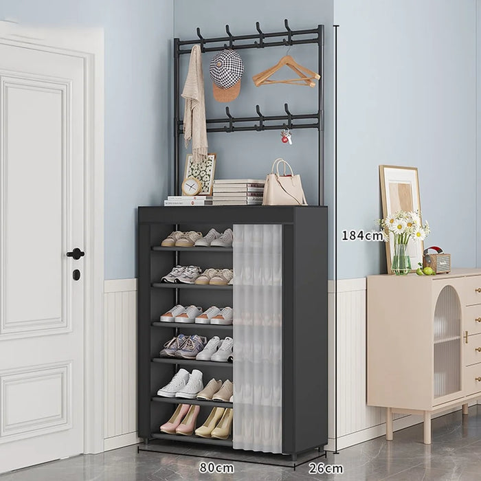 80 x 26 x 184cm 7 Tiers Storage Shelf Multipurpose Shoe Rack with Dust Cover Clothes Hanger for Entryway - Black - 2