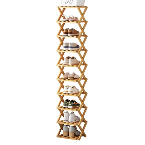 10-Tier Foldable Bamboo Shoe Rack No Installation Required Home Entryway Shoes Storage Organizer - Natural Color - 1