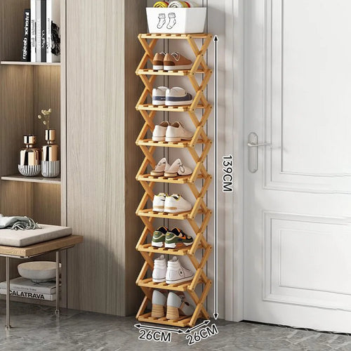 9-Tier Foldable Bamboo Shoe Rack No Installation Required Home Entryway Shoes Storage Organizer - Natural Color - 1
