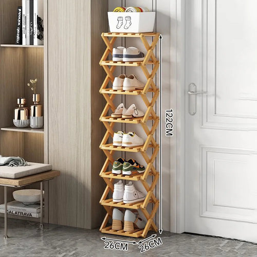 8-Tier Foldable Bamboo Shoe Rack No Installation Required Home Entryway Shoes Storage Organizer - Natural Color - 1