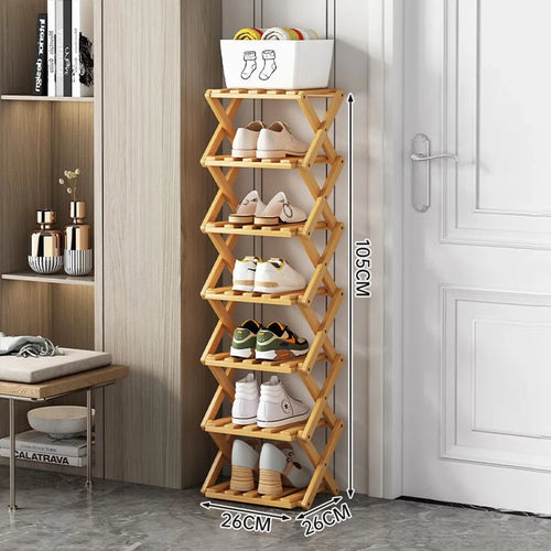 7-Tier Foldable Bamboo Shoe Rack No Installation Required Home Entryway Shoes Storage Organizer - Natural Color - 1