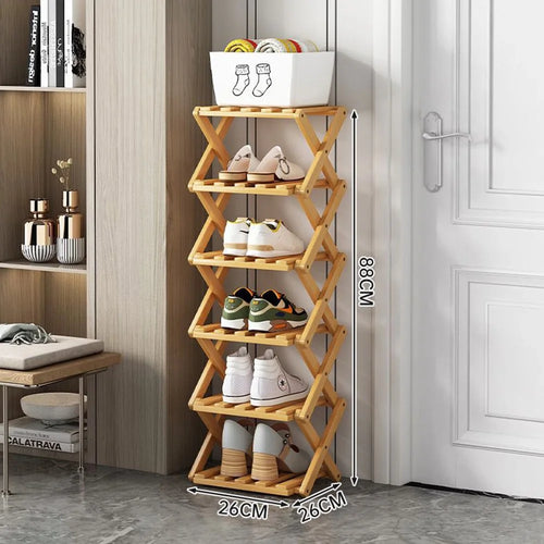 6-Tier Foldable Bamboo Shoe Rack No Installation Required Home Entryway Shoes Storage Organizer - Natural Color - 1