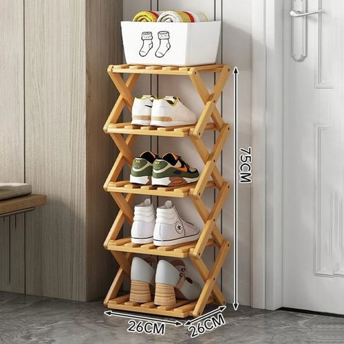 5-Tier Foldable Bamboo Shoe Rack No Installation Required Home Entryway Shoes Storage Organizer - Natural Color - 1