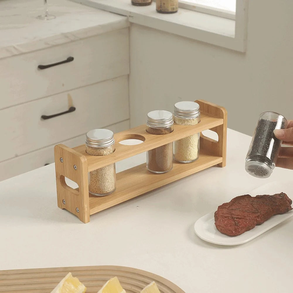 Single Tier Bamboo Spice Rack Kitchen Countertop Organizer Seasoning Bottles Storage Shelf - 2