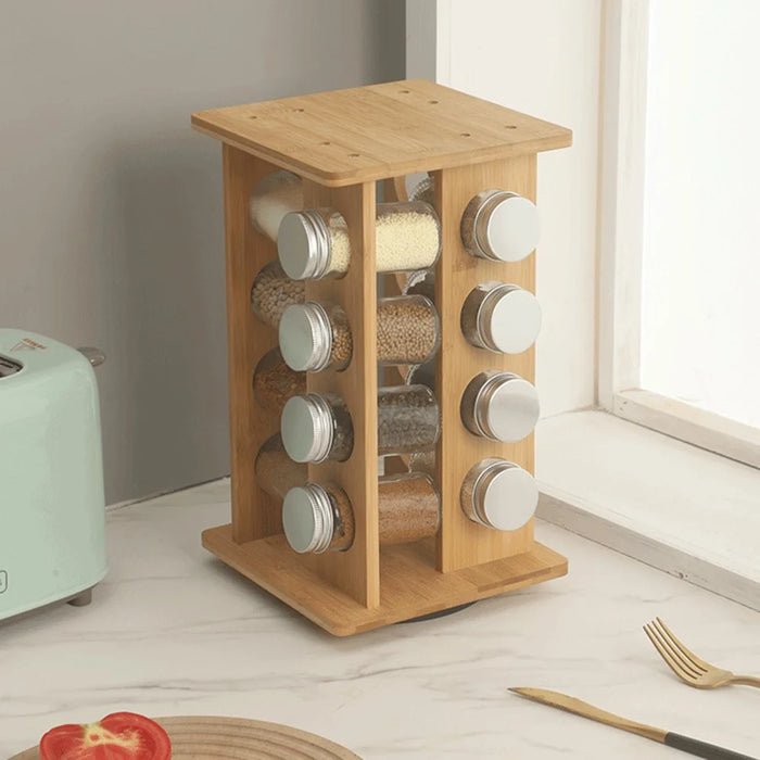 4-Tier Rotating Bamboo Spice Rack Kitchen Countertop Organizer Seasoning Bottles Storage Shelf - 4