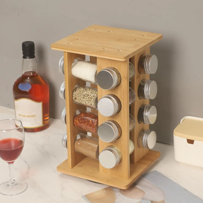 4-Tier Rotating Bamboo Spice Rack Kitchen Countertop Organizer Seasoning Bottles Storage Shelf - 6