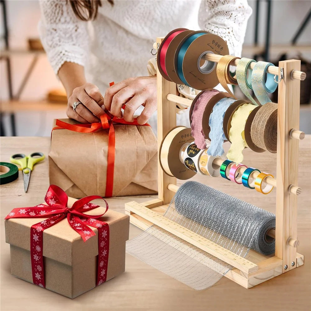 Wooden Ribbon Organizer Rack Satin Grosgrain Silk Ribbon Display Stand for Cake Shops Florists Craft Studios - 3