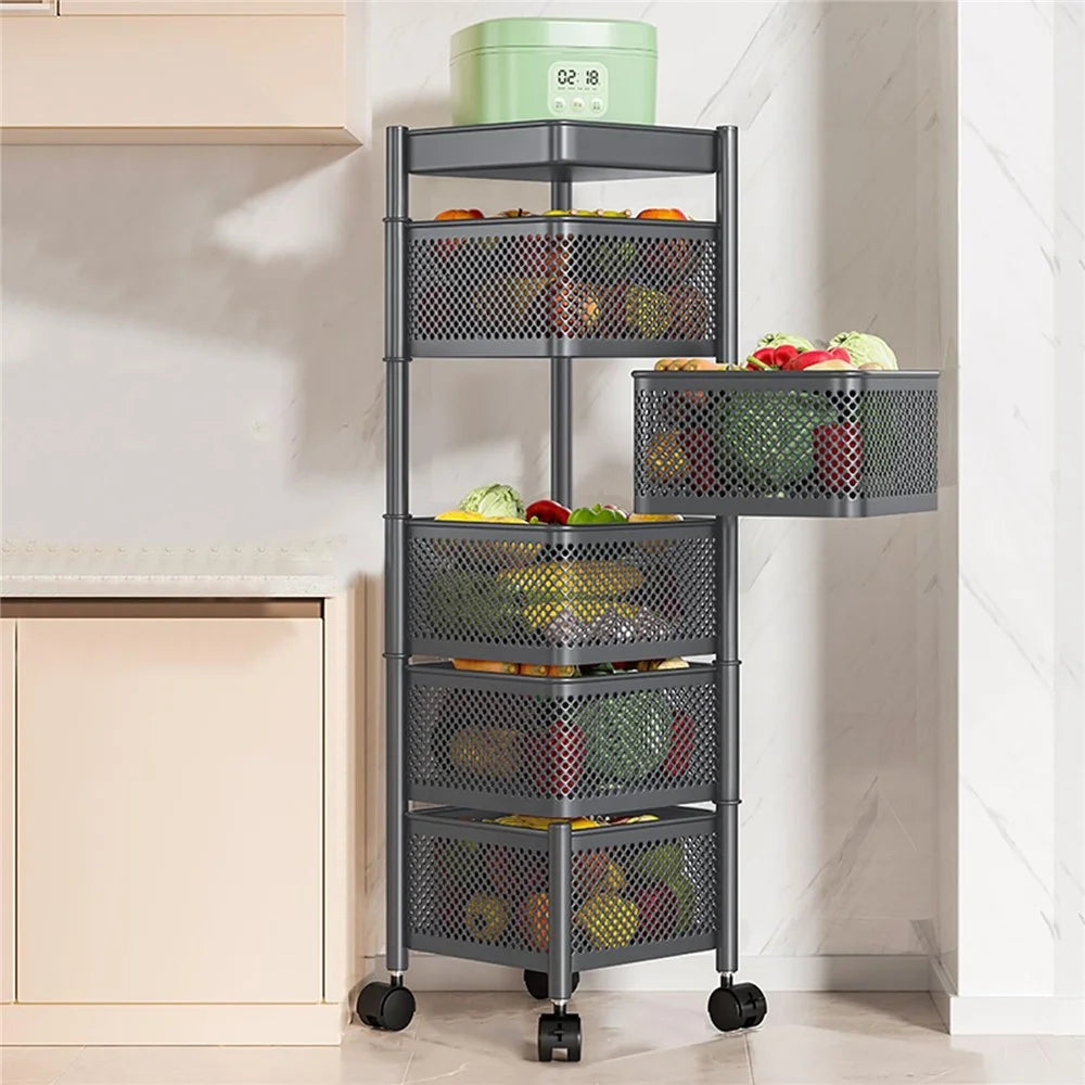 5-Tier Square Basket Kitchen Home Storage Cart Carbon Steel Rotating Shelves Fruits Vegetables Snacks Organizer - Black - 1
