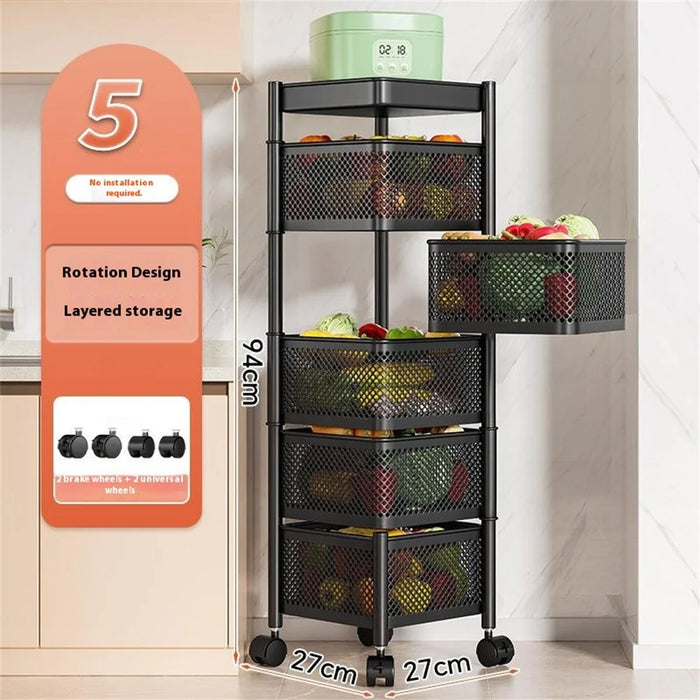 5-Tier Square Basket Kitchen Home Storage Cart Carbon Steel Rotating Shelves Fruits Vegetables Snacks Organizer - Black - 2
