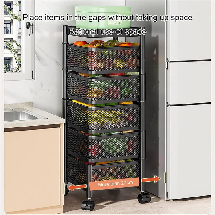 5-Tier Square Basket Kitchen Home Storage Cart Carbon Steel Rotating Shelves Fruits Vegetables Snacks Organizer - Black - 3